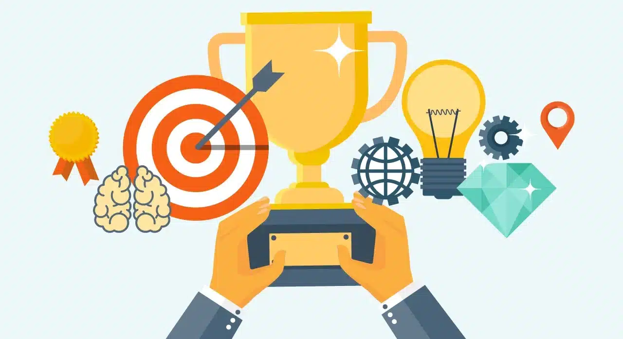 Ilustração de simbolos que representam premios e metas corporativas